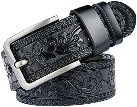 Tevha Black Leather Belt Ornate Silver Oval Floral Buckle Western Boho 34 Inch Antique Silver Western Oval Artistic Floral Leather Belt  main image 4
