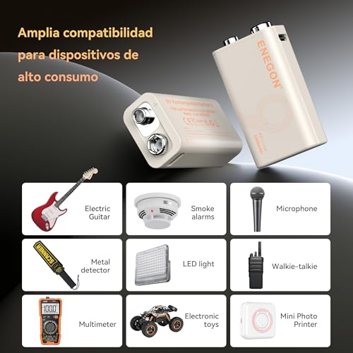 ENEGON 4 Pila 9V 1000 mAh Bateria 9V Recargable para Dispositivos de Precisión como Multímetros Portátiles, Detectores de Humo y Micrófonos, Incluye Cable de Datos Tipo C
