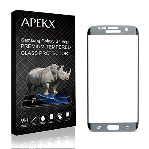 APEKX Samsung Galaxy S7 Edge Full Screen 100% Cover Edge-to-Edge 3D Curved Tempered Glass Screen Protector HD Clarity Bubble Free Anti-Fingerprint Shatterproof, Not Case Friendly (Silver)