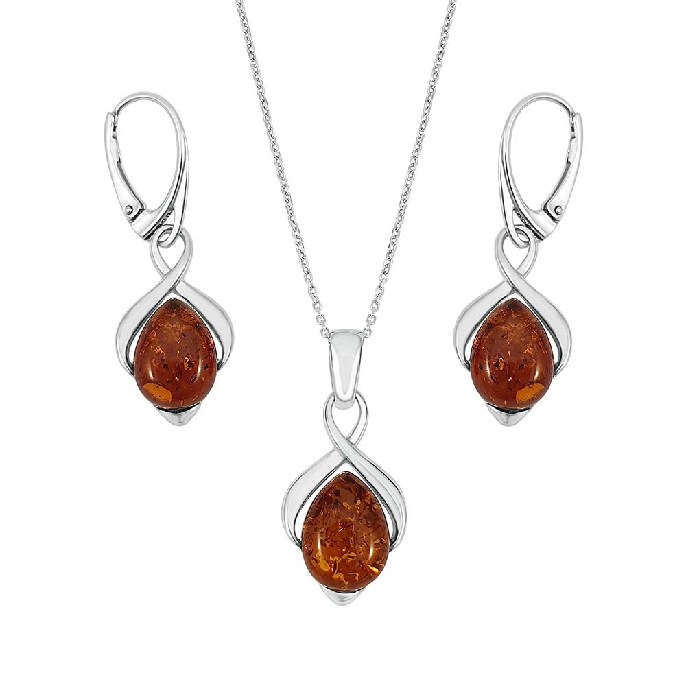 Kiara Jewellery 925 Sterling Silver Infinity Pendant Necklace & Matching Earrings Set Inlaid With Cognac Amber on 18" Sterling Silver Chain