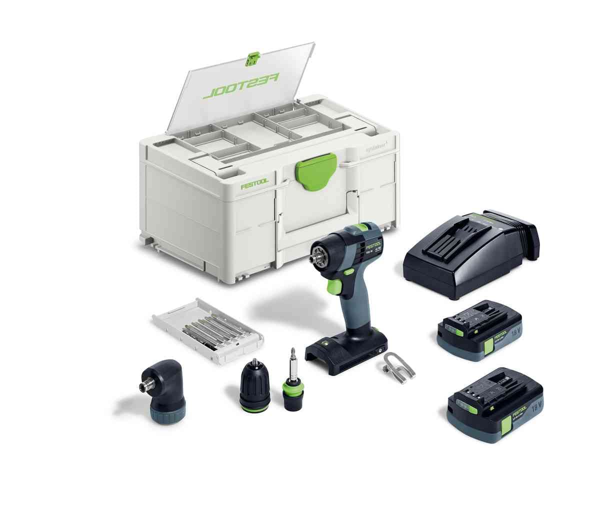 Festool – Akku-Bohrschrauber TXS 18 C 3,0-Set mit Akkupacks + Schnellladegerät + Magnet-Bithalter + Werkzeugfutter + Winkelvorsatz + Schnellspannbohrfutter + Bitkassette + Bit + Gürtelclip + Systainer