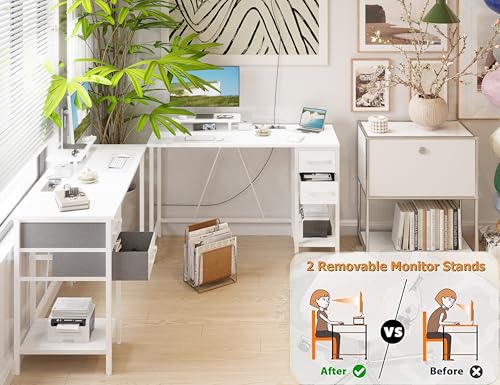 Xyphren 100cm Computer Desk with Drawers & Power Outlets, Office Desk with Storage Monitor Stand, Reversible Small Desks for Home Office Bedroom, White