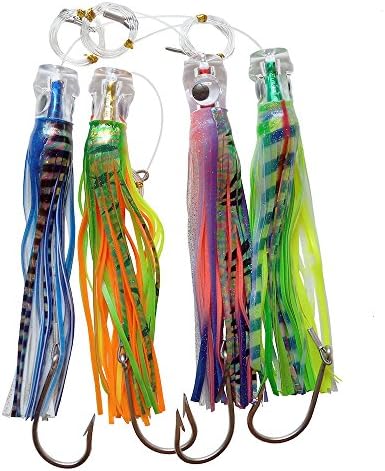 Krazywolf 4Pcs 9`` Big Game Popper Trolling Lure Resin Head,Shinning Skirt,Heavy Duty Rigged Leader Hook,3.9oz/110g