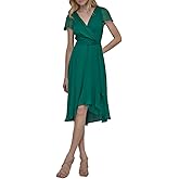 DKNY Womens Flutter Sleeve Surplice Tie Fit & Flare Midi Dress