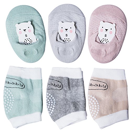 6 Pairs Baby Crawling Anti-Slip Knee, Unisex Baby Toddlers Kneepads and Anti Slip Socks