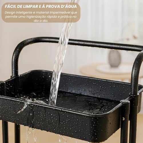 Carrinho Organizador Multiuso 3 Andares com Rodinhas — Estante Móvel para Banheiro, Cozinha, Lavanderia e Escritório, Aço Inox com Cestos Removíveis, Preto
