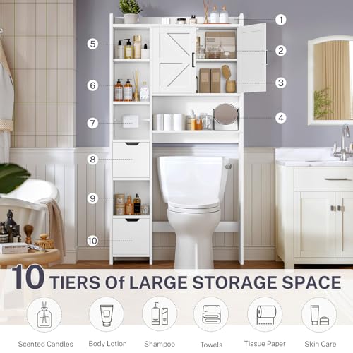 TEENFON Over the Toilet Storage Cabinet with 2 Removable Drawers, Above Toilet Storage Cabinet with 10 Storage Shelves, Taller Wooden Free Standing Bathroom Storage, Laundry Room Storage Shelf, White