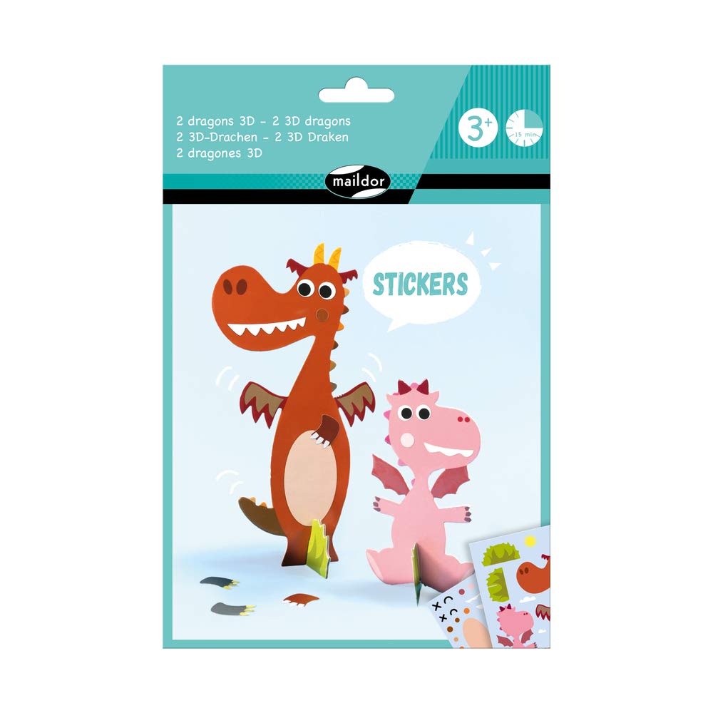 Maildor AF024C - Children's creative pouch - 2 ''DRAGONS 3D'' to assemble and decorate + 3 sheets of stickers - From age 3 - Children's Creative and Leisure