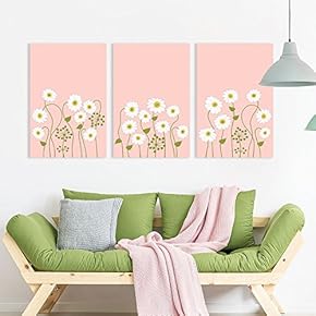 3 Panel Canvas Wall Art - Small White Flowers on Light Coral Color Background - Giclee Print Gallery Wrap Modern Home Art Ready to Hang - 16"x24" x 3 Panels