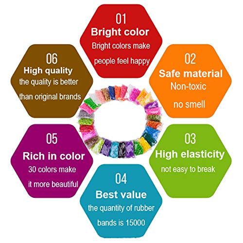 VENSEEN Rainbow Rubber Bands Bracelet Refill Kit, 15000 Loom Bands in 30 Colors with 600 Clips, 6 Hooks