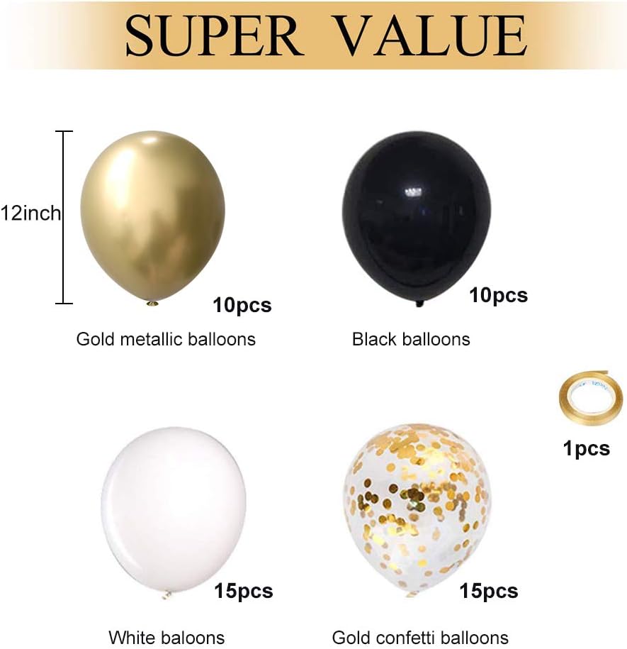 Black and Gold Confetti Balloons, 50 Pack 12inch White Latex Party Balloon Set with Gold Ribbon for Graduation Wedding Birthday Baby Shower Decorations: Health & Personal Care