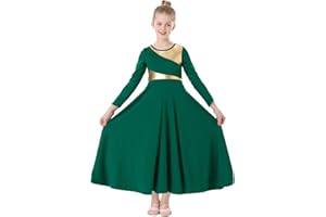 TLMNU Girls Praise Dance Dress Metallic Gold Liturgical Worship Church Robe Full Length Swing Lyrical Costume