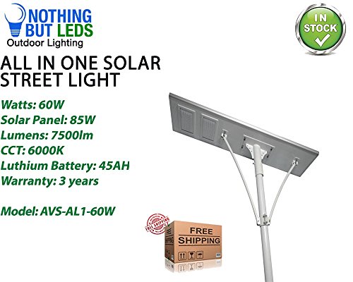 All in One Solar Street Light 60W, Color Temperature 6000K, 7000lm, Solar Panel 85W/18V, Lithium Battery: 36AH/12V, LED No: 84 PCS, Light Type - 1S, Working Temp - -22°F ~ +60°F, 3 Years Warranty.
