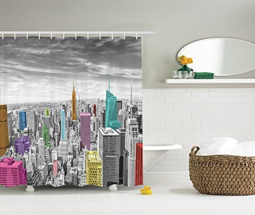 Think Yes Bath Decorations Collection, NYC New York City Skyline Panoramic Picture, Fabric Bathroom Shower Curtain, Gray Pink Yellow Blue Black and White