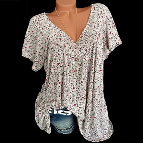 Womens Loose Plus Size Floral Print T-Shirt Tee S-5XL,Ruffle Short Sleeve V-Neck Basic Top Fashion Style for Laides and Girl White