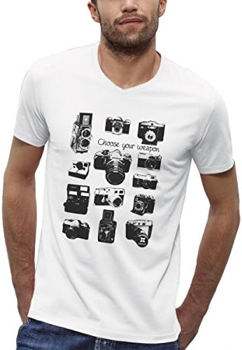 Organic Printed T-shirt V-neck white man – Numbered Limited Edition – Vintage Cameras S to XXL