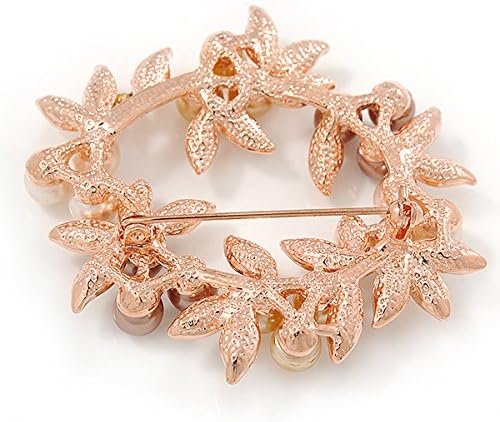 White/Brown/Light Orange Faux Pearl, Crystal Wreath Brooch In Rose Gold Tone Metal - 55mm W, white / ivory, gold, brown, copper, orange - Image 5