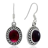 925 Oxidized Sterling Silver Natural Gemstone Oval Rope Edge Vintage Dangle Hook Earrings 1.3