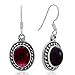 925 Oxidized Sterling Silver Red Garnet Gemstone Oval Rope Edge Vintage Dangle Hook Earrings 1.3