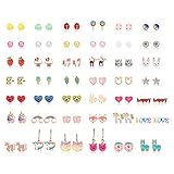 Hanpabum 42 Pairs Stainless Steel Earrings for Girls Women Flower CZ Animals Heart Ice Cream Colorful Cute Stud Earrings set