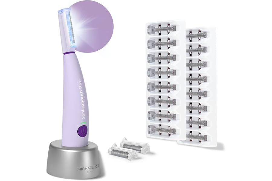 Michael Todd Beauty Sonicsmooth Pro+ Dermaplane Razor for Women Face + Eyebrow trimmer Dermaplaning System w/LED Light Peach Fuzz Remover -16 Dermaplaning Blades & 2 Microsmooth Exfoliation Tips