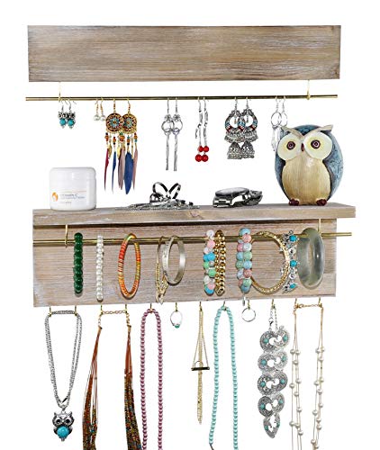 Spiretro Wall Mount Set of 2 Jewelry Organizer Holder Rack, Removable Golden Metal Bar Display Earrings Bracelets, Hooks Hang Necklaces Rings, Shelf Storage Accessories Ornaments, Rustic Torched Wood