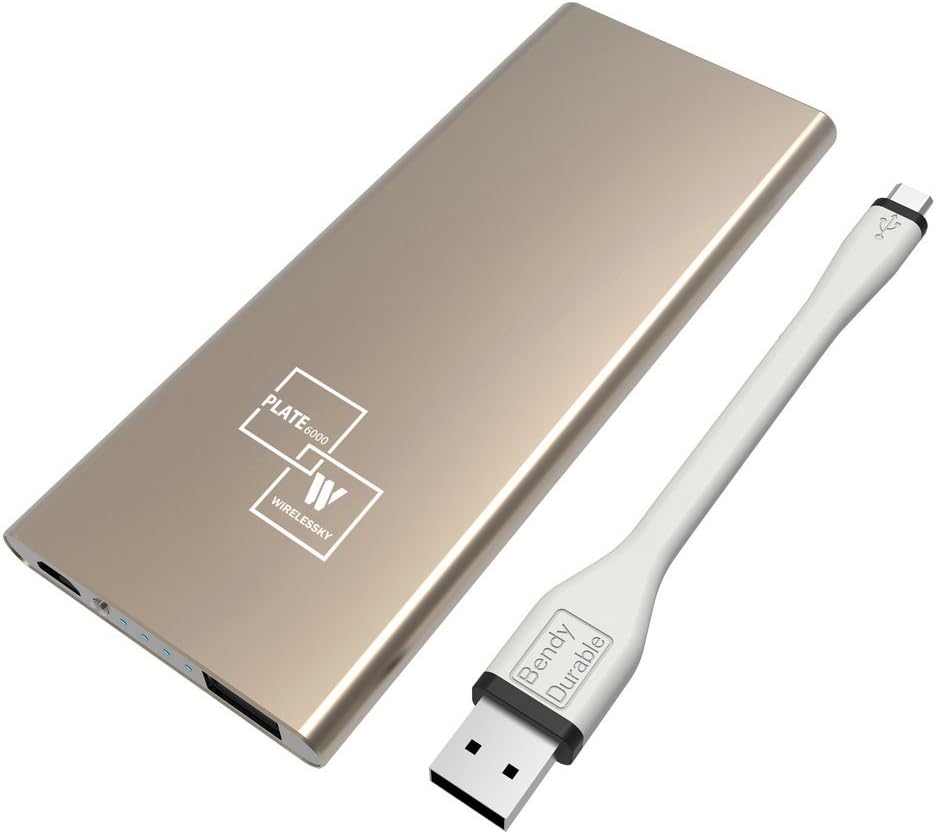 Ultra-thin 6000mAh Portable Battery Pack with Smart IC, Compact 0.33inch Thick Slim Polymer Portable Charger for iPhone, Samsung, Note, HTC, Sony, LG, iPad, iPad mini, Extra 5inch Bendy Micro Cable(6000 Gold)