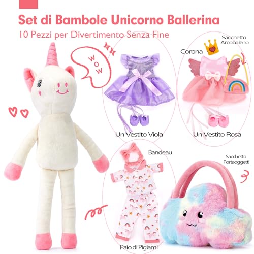 Hahaland Girl's Gift 3-6 Years, 10 Pieces Unicorn Gift Set | Unicorn Plush Toy with Bag and 3 Dresses, Dress Up the Doll, Girl Games 3 4 5 6 Years Old Female