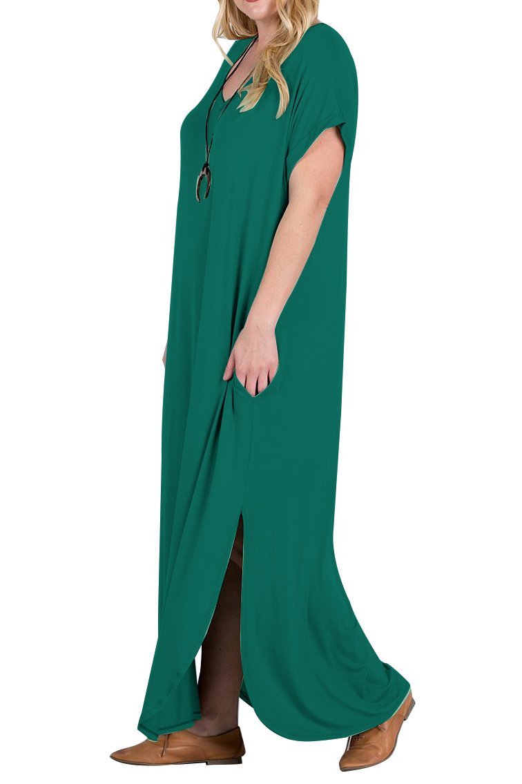 Women\'s Casual Loose Long Dress Short Sleeve Spaghetti Strap Cold Shoulder Split Maxi Dresses with Pocket (7018-Green, Large)