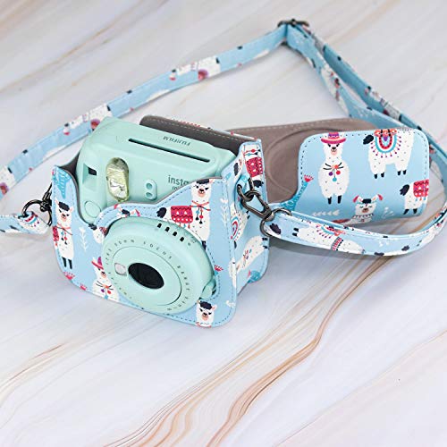 Blummy PU Leather Instax Mini 9 Camera Case for Fujifilm Instax Mini 8/ Mini 8+/ Mini 9 Instant Camera with Adjustable Strap and Pocket (Blue Alpaca)