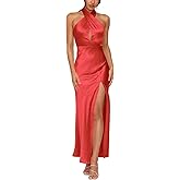 firfig Women's Halter Satin Dress Crisscross Sleeveless Midi Cocktail Party Dress Backless Split Formal Evening Dresses