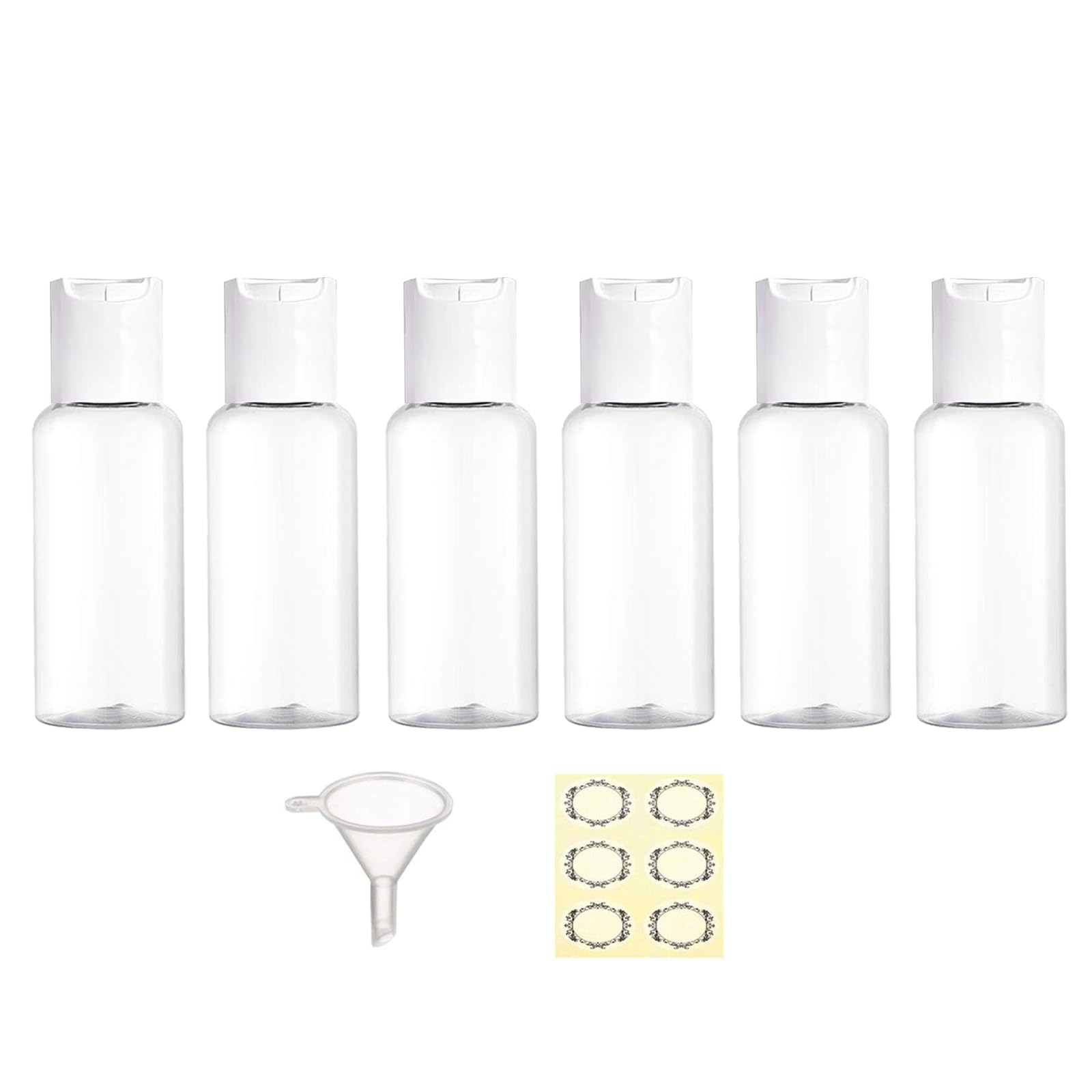 Apstaqeoo 6Pcs 50ML Travel Bottles for Toiletries TSA Approved Leakproof Plastic Empty Travel Size Container with White Disc Top Flip Cap with Label Funnel for Liquid Lotion Cosmetic（Transparent）