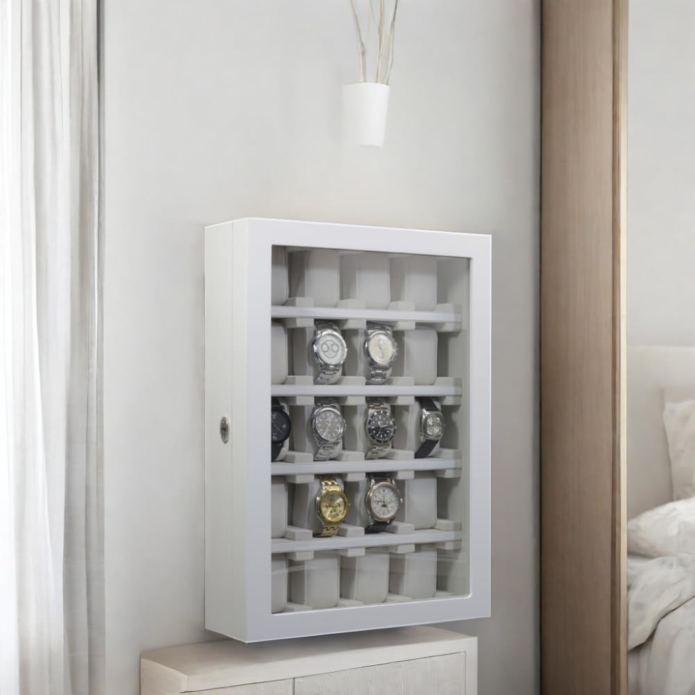 TimelyBuys 20 Piece White Wood Watch Display Wall Hanging Case and Storage Organizer Box and Stand for Oversized Watches