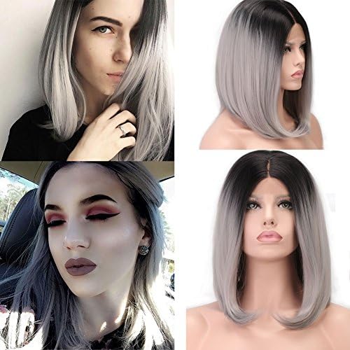 Synthetic Ombre Wigs Lace Front Black to Gray Dark Roots Straight Middle Part Wig for Women