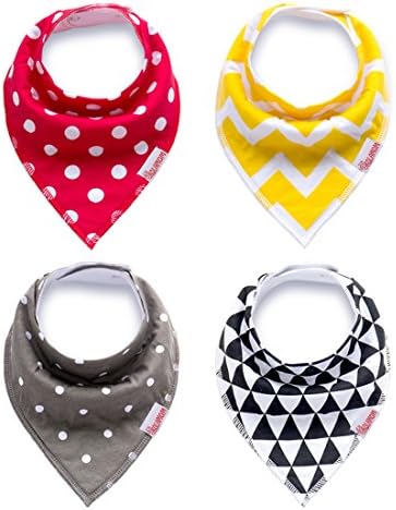 Baby Bandana Drool Bibs by Nibble Adjustable Snaps for Boys/Girls/Unisex 4-Pack of Absorbent Organic Cotton design bibs 3-24 Months