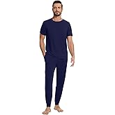 WiWi Men's Pajama Sets Viscose from Bamboo Sleepwear Short Sleeve Top and Pants Pjs Sets with Pockets Drawstring S-XXL