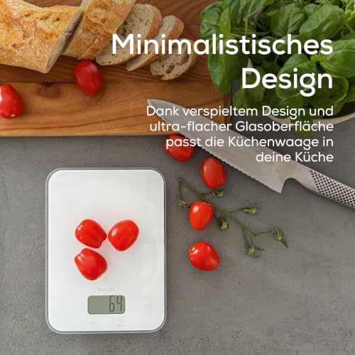 KS 19 Pure White digitale Küchenwaage, Tragkraft bis zu 5 kg (1-g-genaue Einteilung), Haushaltswaage mit Sensor-Touch, Lebensmittelwaage inkl. Batterien, ultraflaches Design, weiß