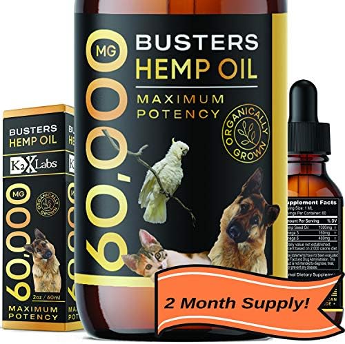 Buster’s Organic Hemp Oil Large 60 Milliliters Bottle, 2Month Supply – for Dogs & Cats – Max Potency – Made in USA – Omega Rich 3, 6 & 9 – Hip & Joint Health, Natural Relief, Calming (60,000MG)
