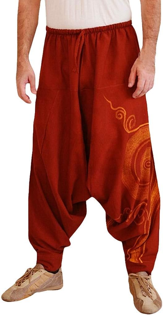 IFOUNDYOU Men's Harem Pants Boho Hippie Wide Baggy Trousers with Drop Crotch Comfortable Elastic Waist Drawstring Pants Bottoms Plus Size
