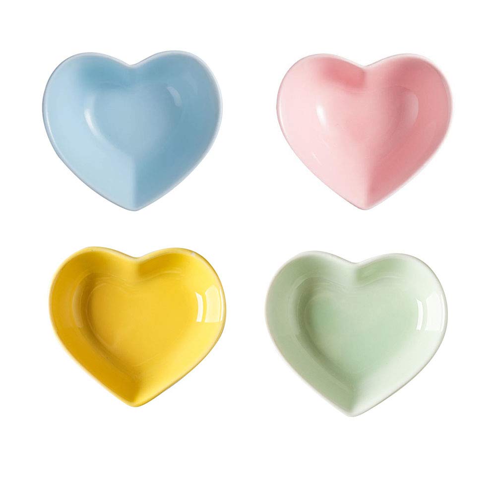 XinHuiGY Ceramic Heart Shape Sauce Dish,Multipurpose Mini Seasoning Dishes Sushi Dipping Bowl Appetizer Plates Serving Dish Saucers Bowl Love Wedding Gift (Set of 4) (4 Color)