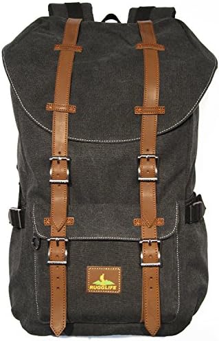 RUGGLIFE Vintage Canvas Backpack Leather Military Rucksack Hiking Daypack Casual (Black)