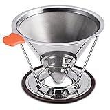 E-PRANCE Pour Over Coffee Filter, Clever Cone Coffee Dripper Paperless, Permanent 18/8 (304) Stainless Steel double mesh Pour Over Coffee Maker with Stand for 1-4 cups