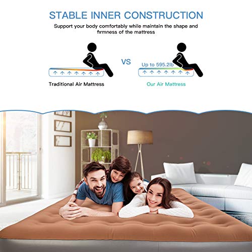TOPELEK Air Mattresses, Inflatable Airbed with Rechargeable Electric Pump, Pongee Fabrics & Thicken PVC, Easy Setup, 2 Independent Flocked Inflatable Pillows, Queen Size, Storage Bag, Brown - Thumbnail 2