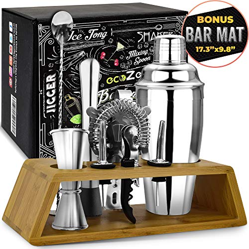 Bar Tools Bartender Tool Kit with Bonus Bar Mat (11 Piece) | Premium Bar Sets for The Home | Stainless Steel Cocktail Shaker Set and Bar Cart Accessories | Drink Mixer with Wooden Stand (Silver)