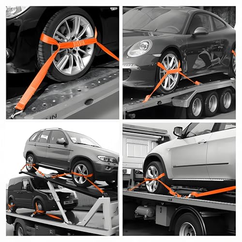 Set of 4 Ratchet Straps without Hook, 4 m x 25 mm Fixing Straps, Can Hold 800 kg, According to DIN EN 12195-2 Standard, Ratchet Strap for Trolley Suitcases for Motorcycles (Orange)