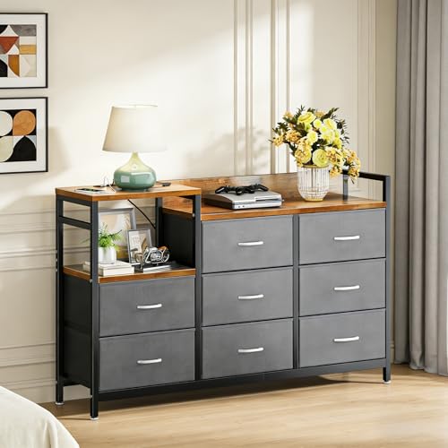 STAR BURN Cómoda para Recamara,Cajonera con Estación de Carga y 8 Cajones Deslizantes de Tela,Comodas Muebles para Recamara con Estantes Abiertos de Madera,Mueble Organizador Recamara Gris+Marron