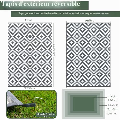 Mokani Rain Resistant Outdoor Rug for Patio, Deck, Beach, Picnic, Backyard (240 x 300 cm, Grey & White)