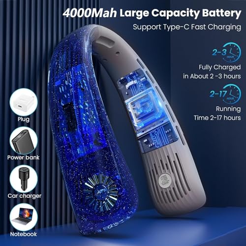 Portable Neck Fan 2X Cooling Pads, 1S Instant Cooling and 5 Speed Wind Adjustment Neck Cooler,Bladeless Fan Neck Air Conditioner, 4000mAh Rechargeable Portable Neck Fan to Outdoor Travel Sports Blue