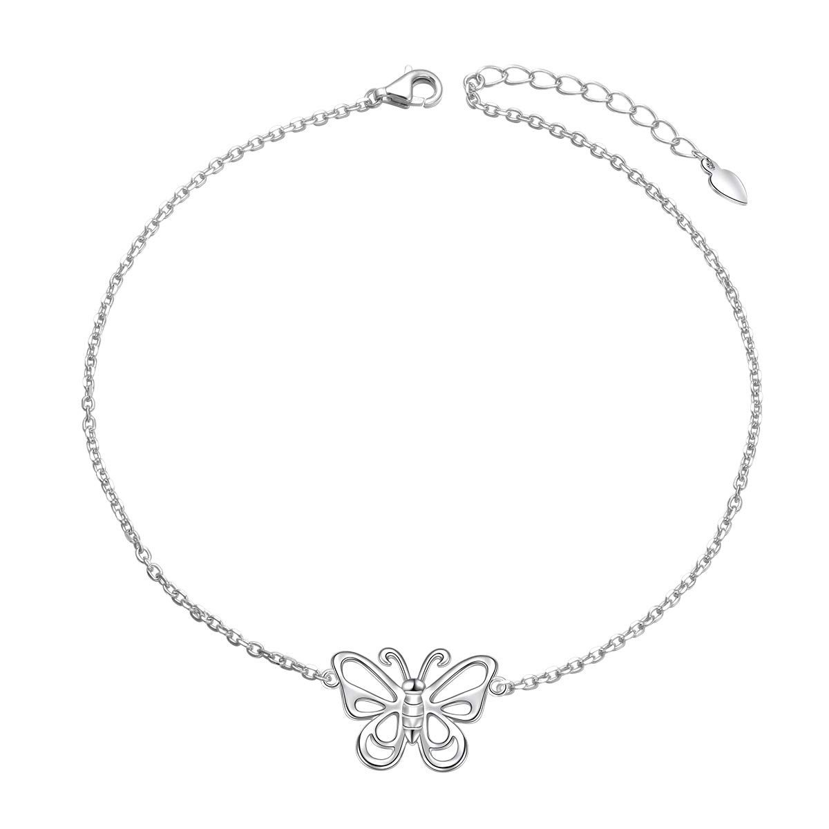 Flyow S925 Sterling Silver Butterfly Charm Anklets for Women Girls, Adjustable 9 Inches + 1 Inch Foot Chain Jewelry (Butterfly)