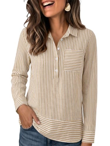 ANRABESS Womens Long Sleeve Shirt Button Down Collared Tops Brown Stripe L at Amazon